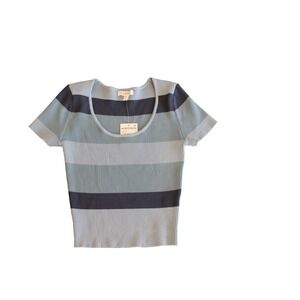 Blu Pepper Women Ribbed Knit Striped Scoop Neck Short Sleeve Top Blue Medium